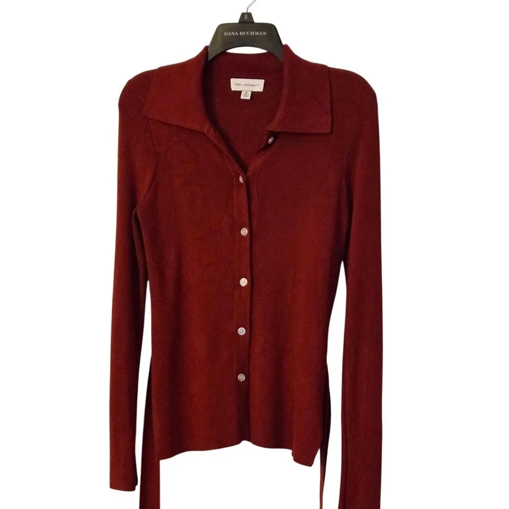 Free Assembly Ribbed Button Front Knit Top Rust Brown Collared Long Sleeve - Picture 2 of 12
